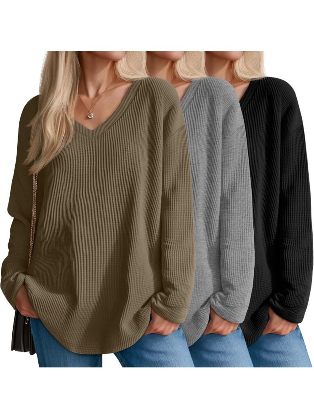 Cozy 3-Pack Women's V-Neck Waffle Knit Sweatshirts - Stylish & Comfy Tops